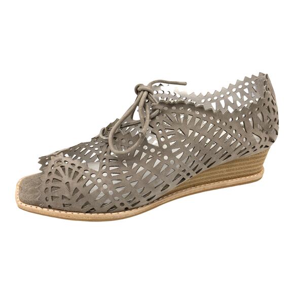 JEFFREY CAMPBELL Espejo Taupe Suede Lace up Square Toe Laser Cut Wedge Sandals 7 - Picture 2 of 8
